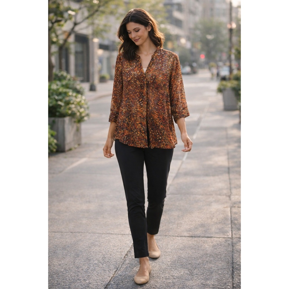 Ruby Rd Abstract Print Sheer Button Down Blouse 3/4 Sleeve Multicolor Size 14
